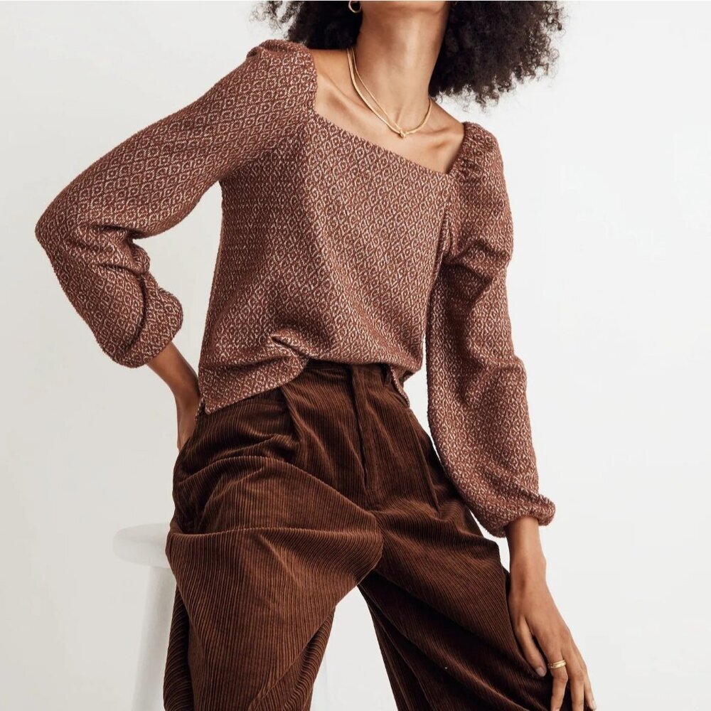 Madewell Jacquard Puff-Sleeve Crop Top Square Neck Dark Merlot Women XXS‎ NWT